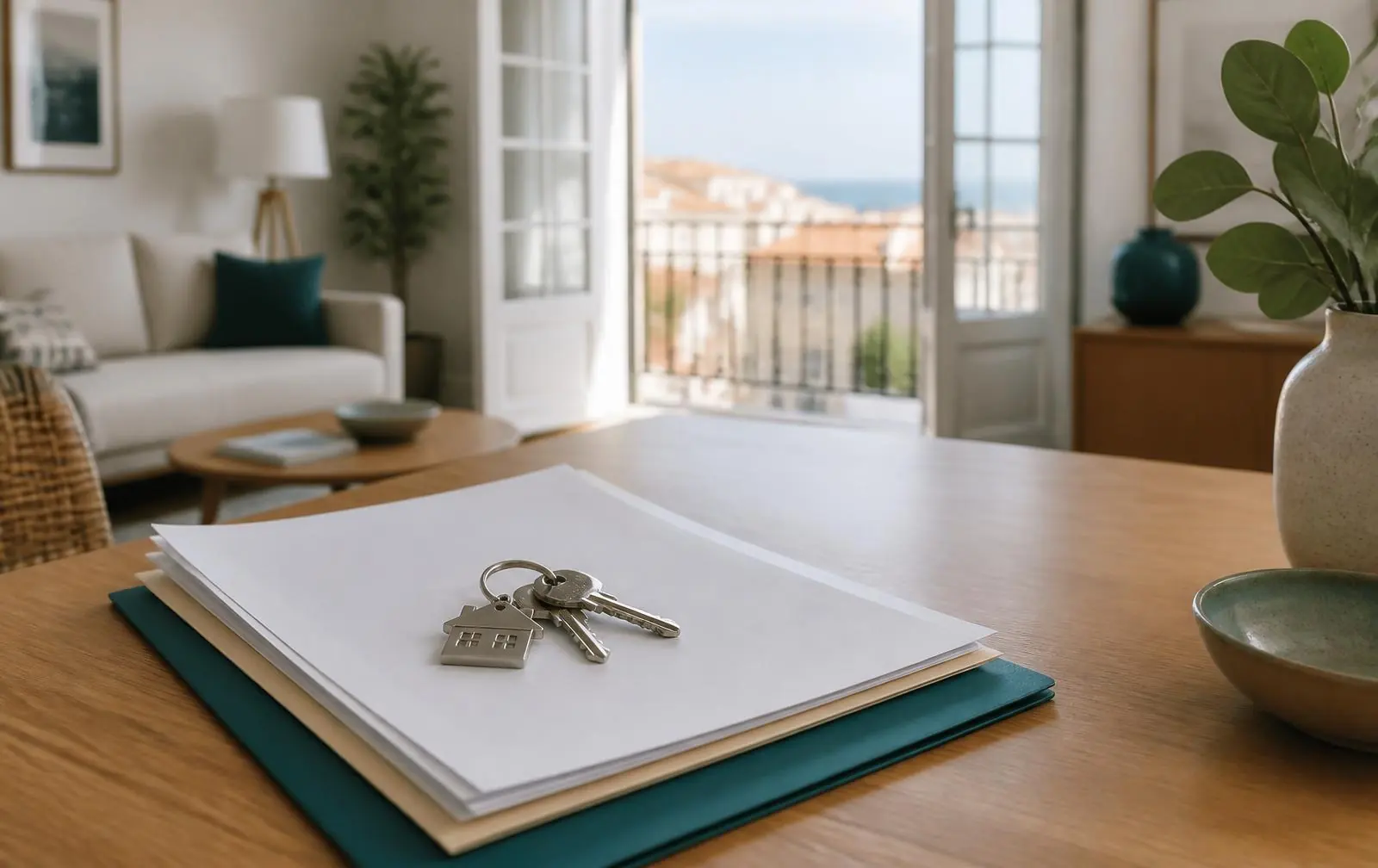 Documentos do imóvel e chaves de casa sobre uma mesa numa sala luminosa